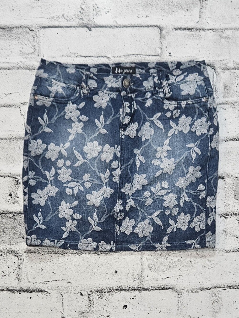 Suko Jeans Floral Denim Skirt Size 2 Blue White Stretch Jean Skirt